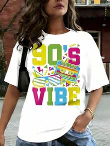Women's Casual T-Shirt With A Retro 90s Style, 90s Graphic Design, Comfortable For Casual And Elegant Outfits, Lightweight And Breathable, Machine Washable, Regular Fit, Round Neck, Breathable And Comfortable. - 白色 - 查看 6