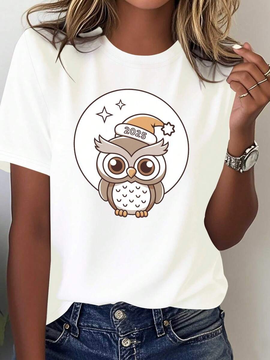 Women's Casual T-Shirt With Japanese Kawaii Print: Owl And Mochi - Crew Neck, Short Sleeve, 100% Soft. Fun Design Of A Japanese Rabbit Face And Inscriptions In Japanese Text. Perfect For Anime Conventions And Themed Events! Features A Geometric Pattern And Is Machine Washable. Vibrant Red Color, Adorable Style In True Japanese Fashion! - 白色 - 查看 1