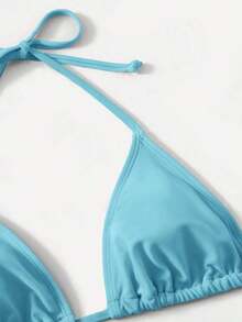 Women's Simple Solid Color Swim Bikini With A Halter Neck And Cutout, Suitable For Beach Vacations And Summer. - Blue 3 - View 5
