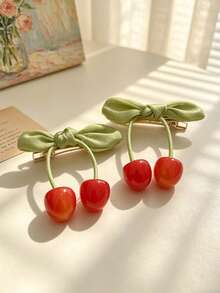 2pcs/Set Girls' Burgundy Cherry Hairclips, Vintage Sweet Bow Side Clips, Versatile Hair Accessories For Parties And Occasions - Multicolor - View 15