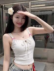 性感系带蝴蝶吊带背心，女士新款夏季外套吊带背心，带胸垫，修身休闲打底衫 - 白色 - 查看 1