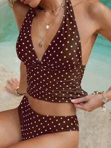 Top ajustado sin mangas con tirantes finos, escote en V y estampado de lunares, un top de bikini de verano a la moda - Multicolor 2 - Ver 6