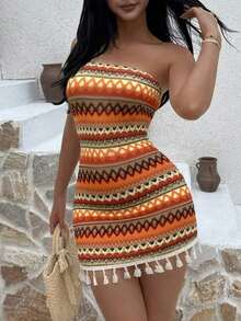 Vestido fruncido con diseño sin tirantes, cintura entallada y dobladillo con flecos en un estilo patchwork de colores, con aire sexy y de europea y americana para vacaciones - Multicolor - Ver 3