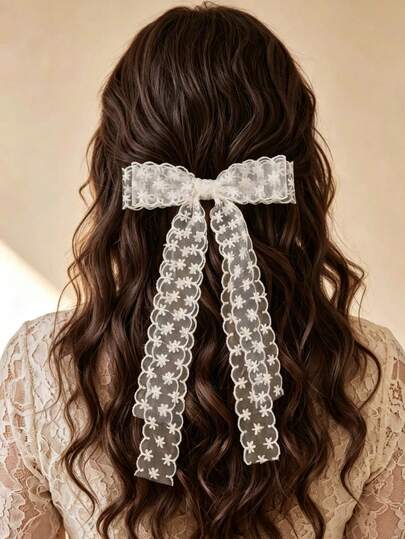 1pc Women's Elegant French Style Ivory Lace Bow Hair Clip, Suitable For Daily Wear, Weddings, Parties And Other Occasions,Festival,Party, Claw Clips