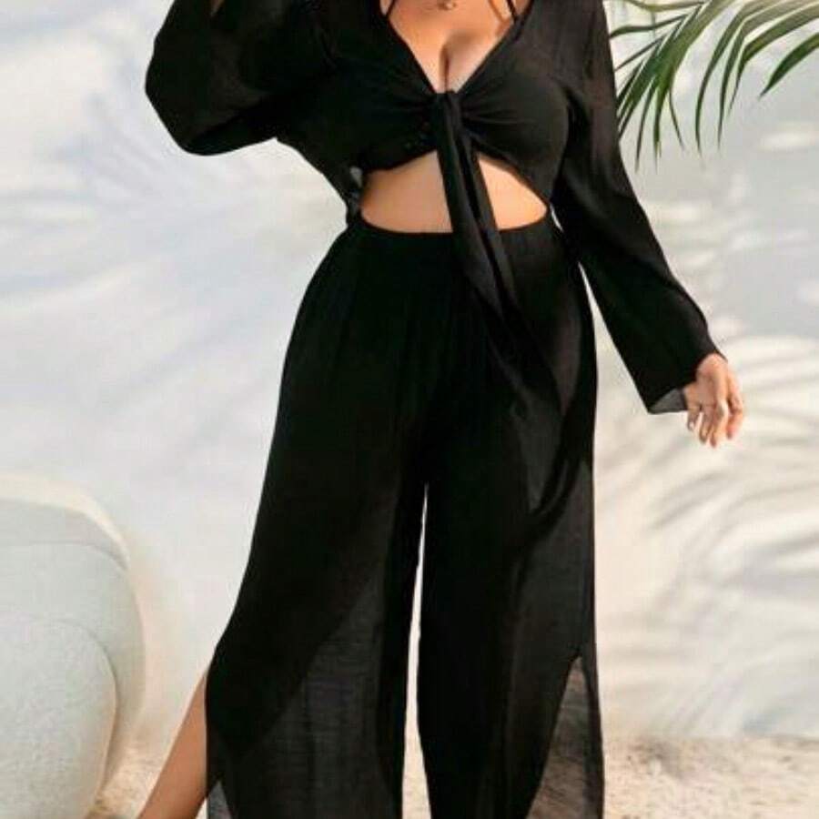 Swim Lushore Plus Size Women's Plain & Simple Daily Chiffon Kimono Cover Up Summer - Negro - Ver 1
