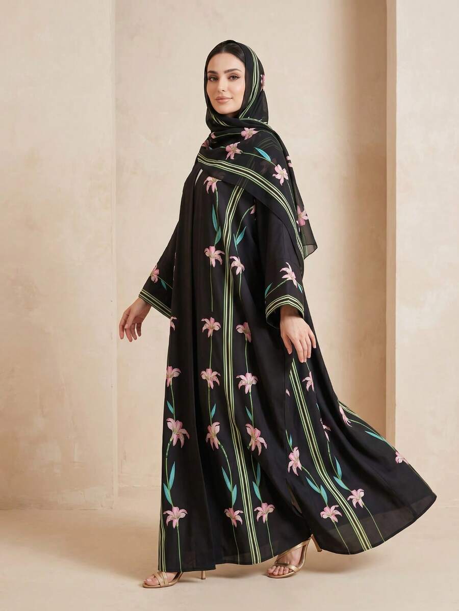 Hafizah 印花开衫和头巾套装,多功能阿巴雅长袍 - 黑色 - 查看 1