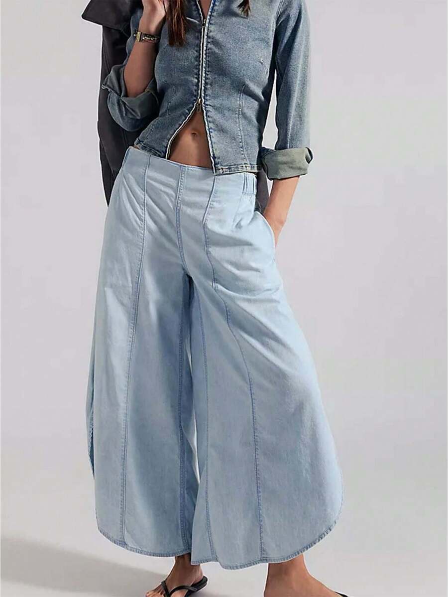 Women's Cropped Jeans With Pockets Simple Stylish Blue Low Rise Casual Wide Leg Denim Pants - Sky Blue - View 1