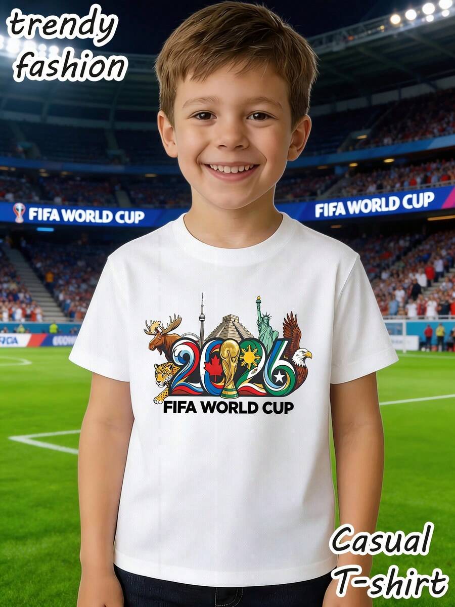 1 camiseta de malla con estampado del trofeo de la Copa Mundial 2026, adecuada para niños de 5 a 15 años. Presenta estampados de la Copa Mundial de Fútbol y de animales. Ropa Deportiva Casual de Manga Corta Transpirable, Adecuada para el Uso Diario al Aire Libre de los Niños y para Ver Partidos de la Copa del Mundo. 180g 100% algodón - Blanco - Ver 1