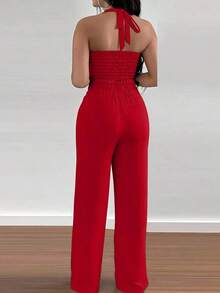 Conjunto de 2 piezas de chaleco sin espalda con atar en el cuello y pantalones de pierna ancha, estilo casual de vacaciones para mujer - Rojo - Ver 2