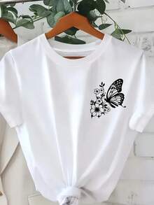Camisetas de manga corta para mujer, 100% algodón, cuello redondo, camiseta con estampado minimalista de mariposas y flores, impresión a una cara, top casual de manga corta, diseño de silueta negra, transpirable, suave, básica para uso diario de mujer. - Blanco - Ver 2