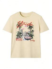 Short-Sleeve T-Shirt With Retro Cityscape And "Carolina" Slogan.  Short-Sleeve T-Shirt For Spring And Summer 2026, Made In Mexico, 180 Grams. Cartoon Print, Couple Design, Suitable For Indoor Or Outdoor Wear. Crew Neck, Unisex, Ideal For Office And Leisure. One-Pack. - APR-P631577SLNDXZGY387 - 查看 2