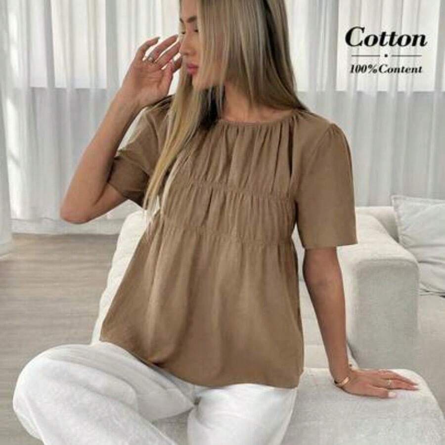 Camisa de manga corta de unicolor casual y para ir al trabajo, verano - Marrón Mocha - Ver 1