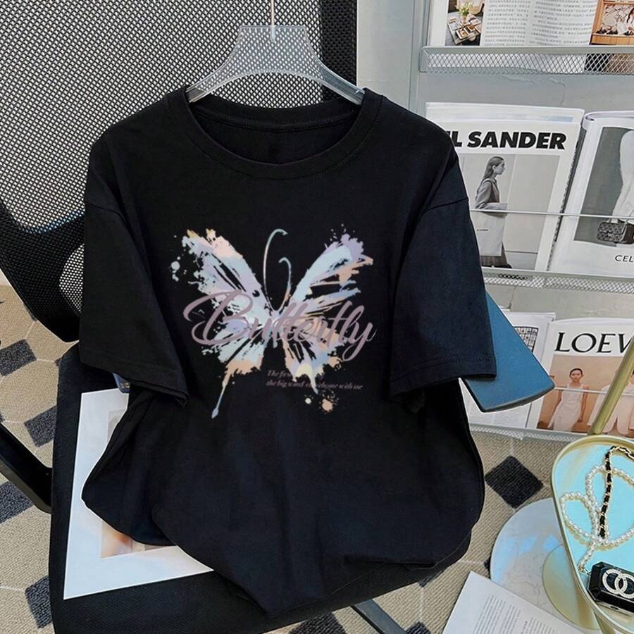 Camiseta blanca de algodón puro de manga corta para mujer, estilo popular de verano 2024, holgada y estilizadora, diseño único. - Negro - Ver 1