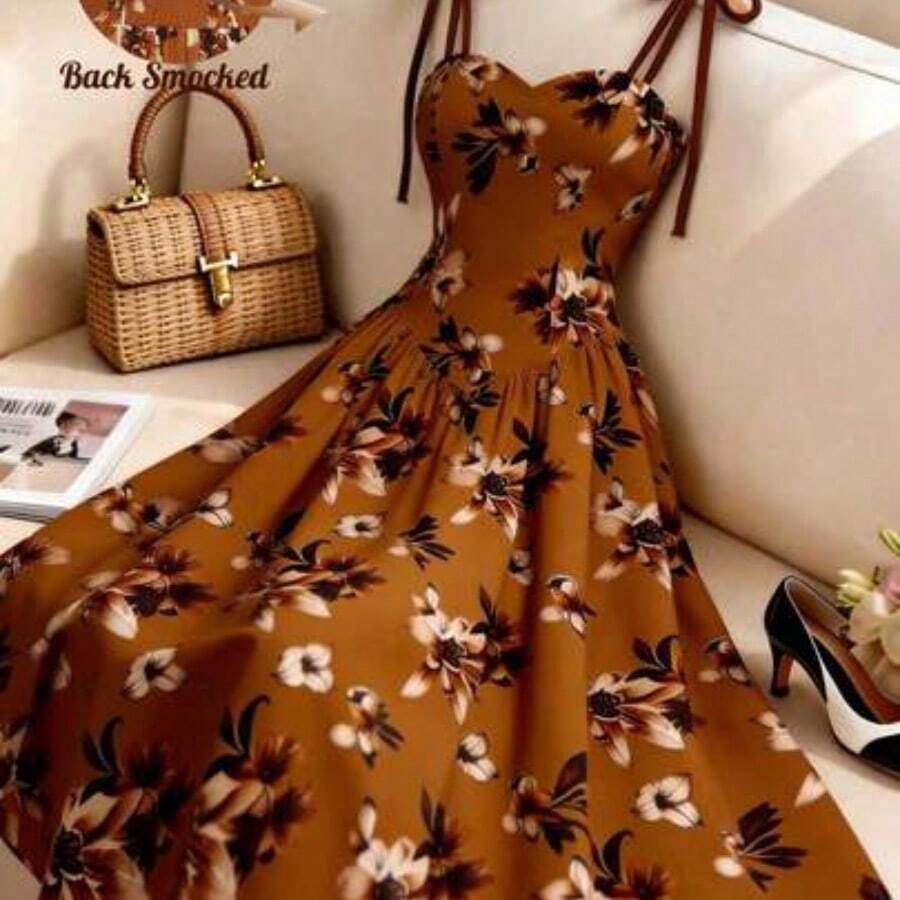 Women's Apricot Base Brown Floral Pattern Spaghetti Strap Waist A-Line Dress, Elegant And Charming For Vacation, Commute, Music Festival, Date, French Bohemian, Beach, Street, Versatile, Spring/Summer, Apricot Brown New Sleeveless Dress - Marrón - Ver 1