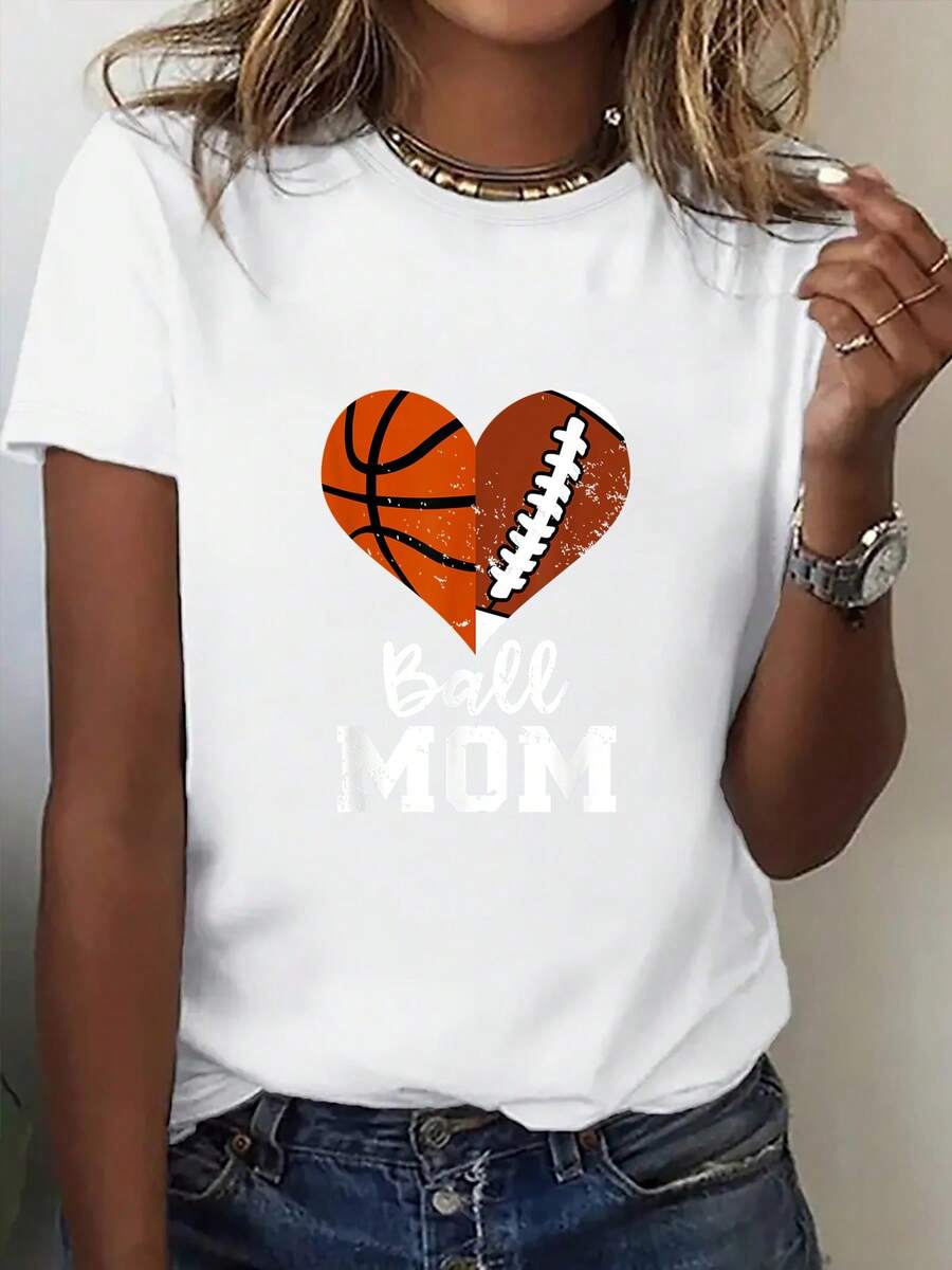 Camiseta de manga corta estamp para mujer, cuello redondo con estampado de coraz￳n "Ball MOM" de baloncesto y f￺tbol americano, top deportivo de estilo americano para mam£. Camiseta b£sica c￳moda de primavera/verano, camiseta de manga corta estamp para actividades al e , camiseta