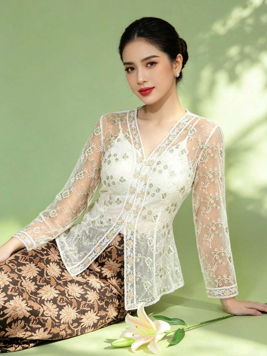 1pc Kebaya For Women, Elegant Long Sleeve Cardigan Blouse, Green Long Sleeve Cardigan Top - Green - View 1