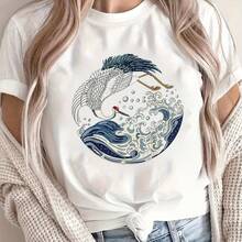 Camisetara mujer descatalog con estampado de arte vintage japonés de gran ola y grulla - Top opaco de cuello redondo y manga corta con diseño de ola y grulla estilo Ukiyo-e, ropa casual de verano/primavera estilo Hokusai en blanco y , prenda de vestir cultural japonesa lavable a máquina, ropa - Blanco - Ver 2