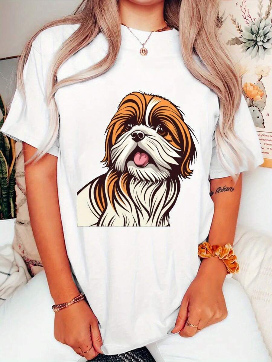 Camiseta Con Estampado De Cachorro Shih Tzu Lindo, Manga Corta Cuello Redondo Top Casual Para Verano Y Primavera, Ropa De Mujer