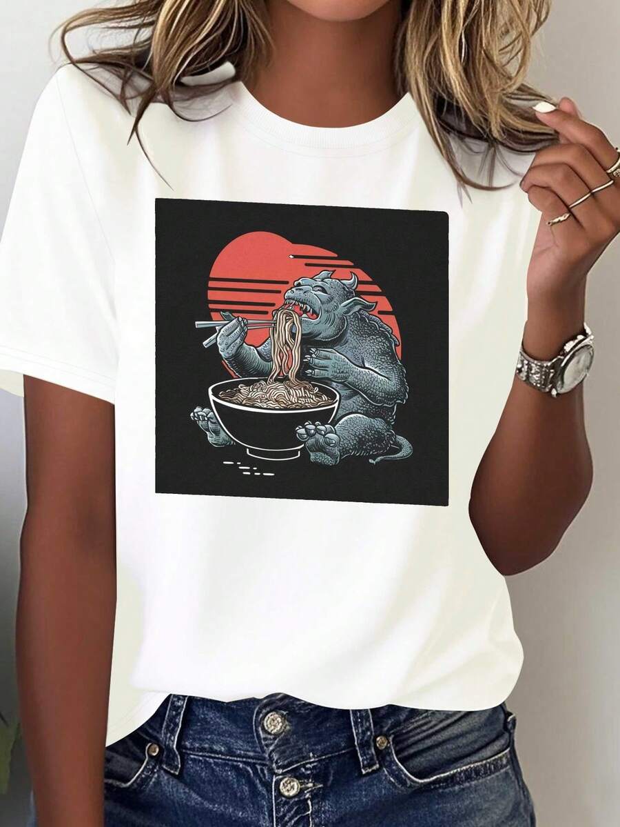 Camiseta de Mujer Inspir en Anime Japon￩s con Estampado del Monstruo Ramen - 100% C￳moda y Casual, Dise￱o Textilizado japon￩s e I para Fans: Ropa Todo-Tempors Lavable a Mancha. Camiseta Blanca con Impresi￳n Negra y Roja de Taz￳n Ranmen. ﾡTejido Suave Transpirable! uste Relado Sin Trasparencia o Necesidad de Limpieza Seca. Divertidrenda casual inspir por el ic￳nico "Ramen Monster, Ropa de Estilo Japon￩s para Mujer