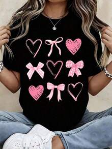 Camiseta con Estampado de Corazones y Lazos Rosados para Mujer, Top Casual de Moda, Diseño Bonito, Manga Corta - Negro - Ver 7