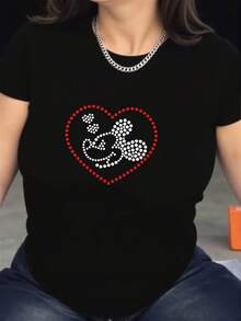Casual Crew Neck T-Shirt With Heart-Shaped Mouse Print - Women's Y2K Style Short Sleeve T-Shirt, Comfortable For All Seasons, Machine Washable, Fashionable Outfit Made Of High-Quality Fabric [1]-Unisex Cotton Loose Fit Short Sleeve Crew Neck Urban Vintage Style T-Shirt - 黑色 - 查看 3