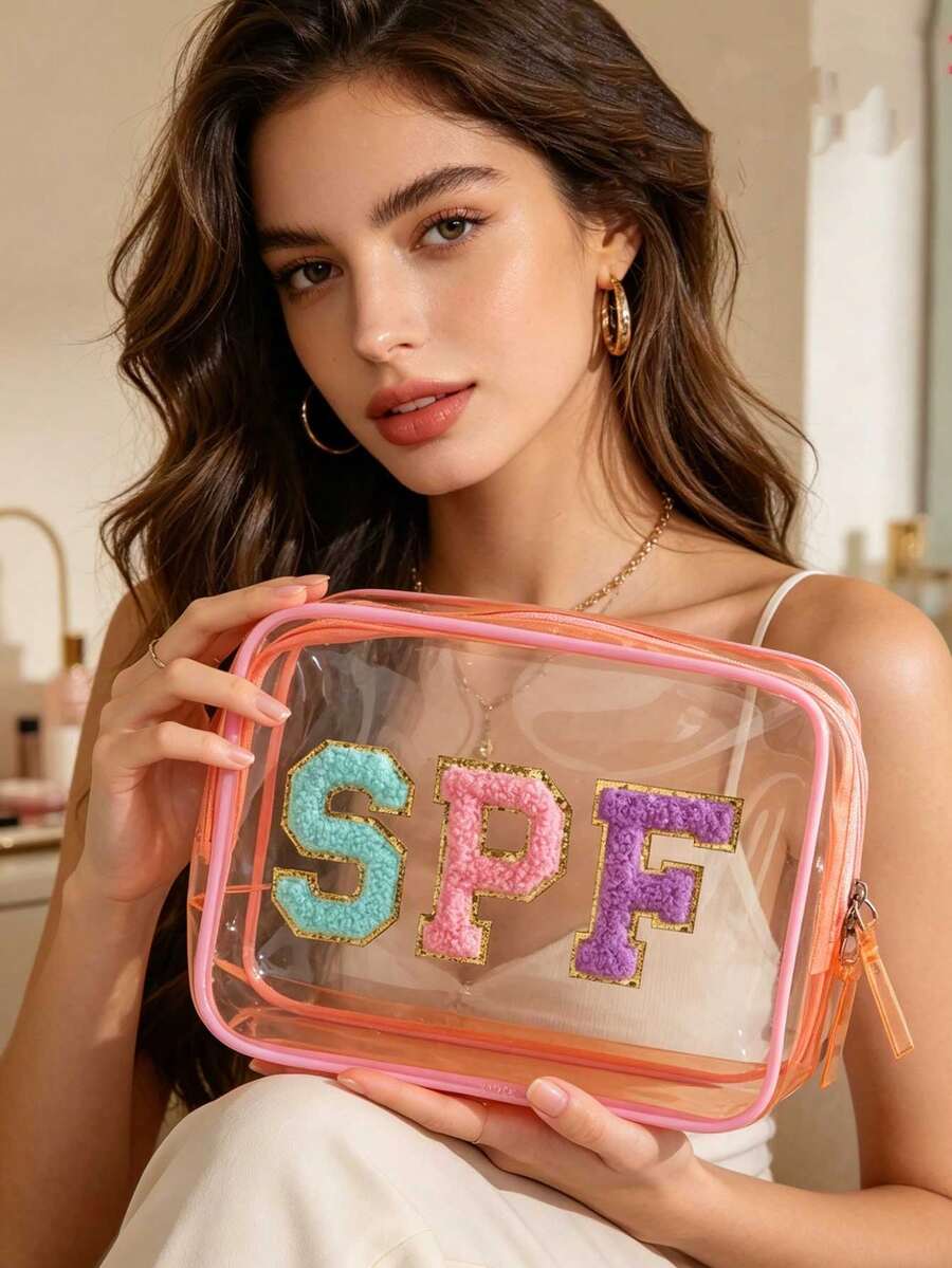 Bolsa de maquillaje impermeable y transparente con protección solar, diseño de bordado de toalla, cremallera impermeable y parche de forro polar portátil con protección solar. Almacenamiento de plástico EVA con protección solar