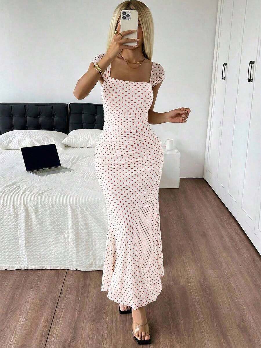 Vestido de verano de cola de pez con dobladillo largo y puntos polka de malla para mujer - Blanco - Ver 1
