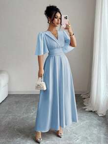YHHElenzga Nuevo vestido casual, elegante y de vacaciones para mujer con diseño de cuello, cintura plisada, parche de gasa y mangas con volantesYHH - Celeste - Ver 4