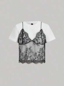 Camiseta blanca de mangas cortas con cuello redondo y diseño de encaje veraniego (2 en 1) - Multicolor - Ver 1