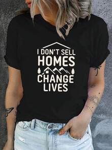 Camiseta casual de manga corta y cuello redondo para mujer, perfecta para verano y primavera - Negro - Ver 6
