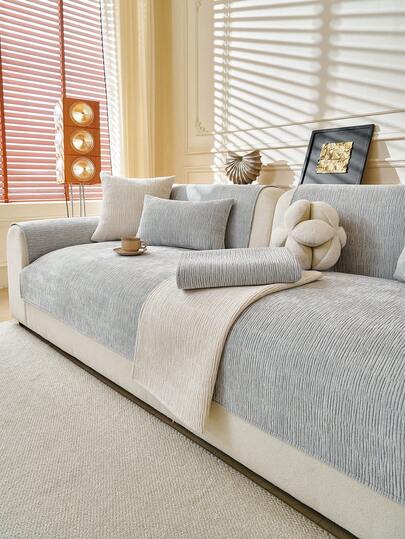 1pc New Chenille Cream Solid Color Sofa Cushion, 1234 Seat Sofa Pad, Armrest Backrest Protector, Non-Slip Sofa Cover, Suitable For All Seasons