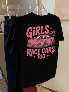 Camiseta de Carreras Rosa para Mujer - "I Also Love Racing" Camiseta de Manga Corta con Estampado de Doble Cara y Patrón de Carreras en Forma de S, de Corte Holgado y Cuello Redondo, Adecuada para Primavera y Verano, Lavable a Máquina, Ideal para Eventos de Carreras y Uso Diario. - Negro - Ver 6