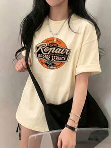Camiseta de manga corta de verano para mujer, corte holgado con estampado de dibujos animados, top de manga corta, capa base#3333 - Albaricoque - Ver 2