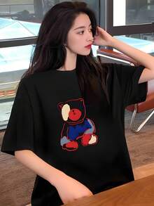 New Arrival Women's Korean Midi T-Shirt, Elegant Black With Colorful Bear Print, Round Neck Short Sleeve, Loose Fit, Non-Stretch Fabric With Shiny Texture, Ideal For Summer And Layering - 黑色 - 查看 4