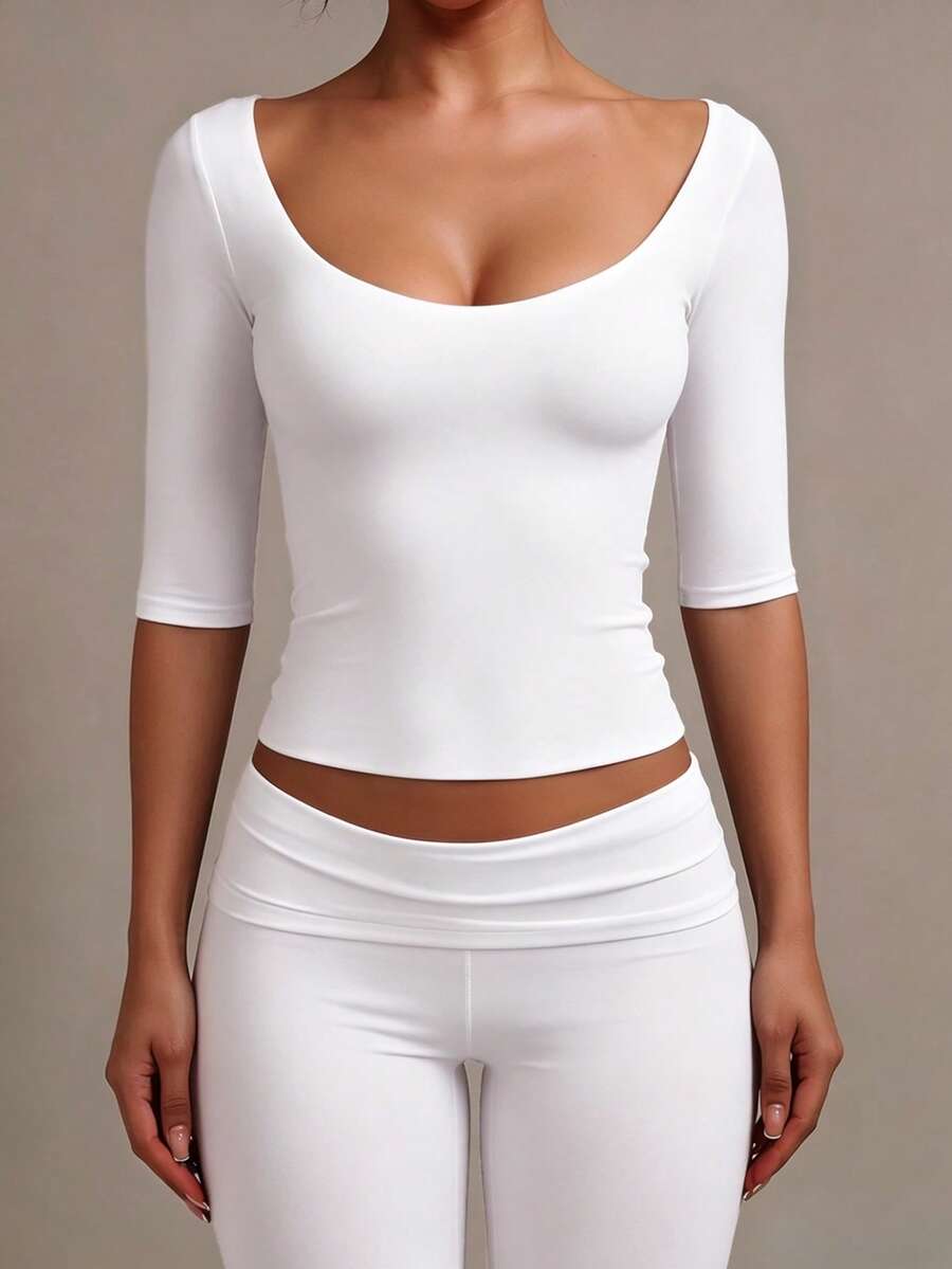 XLLAIS Sexy Sweetheart Neck Yoga Basic High Elasticity Naked Feeling Slim Fit White Short Sleeve Summer Sports T-Shirt Casual - White - View 1