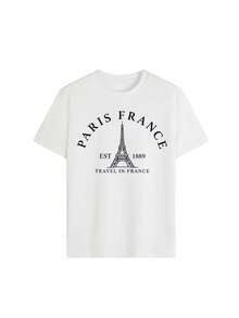 Paris France Eiffel Tower Graphic Tee, Vintage Travel-Inspired Print T-Shirt, Casual French Aesthetic Short Sleeve, Trendy City Vibe Top - Blanco - Ver 2