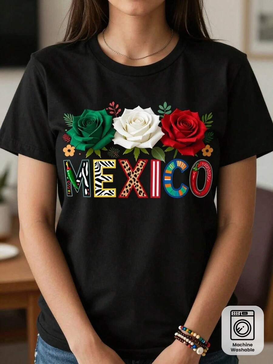 Camiseta con Estampado Creativo de Temática Mexicana. Camisetas de Mujer para Primavera, Verano y Otoño, Estilo Casual y a la Moda, Lavables a Máquina, para Deportes, Uso Diario y Fiestas, Camisetas para Mujer, Disfraces de Halloween, Ropa de Mujer, Camisetas de Estilo Urbano Vintage de Otoño, Unisex, Holgadas, de Algodón, Manga Corta, Cuello Redondo. - Negro - Ver 1