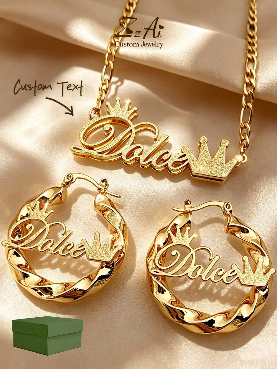 1 Bộ bông tai và dây chuyền khắc tên Bling: Vòng tre tùy chỉnh, bộ trang sức cá nhân hóa, bộ bông tai và dây chuyền 5cm, kiểu phun cát, trang sức tùy chỉnh bằng thép không gỉ, bao gồm hộp quà, thích hợp làm quà tặng Ngày Valentine, màu hồng phun cát. - Phiên bản mạ vàng - Xem 1