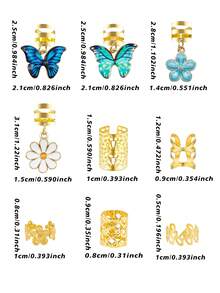 56件套活力花园发圈，饰以蓝绿色蝴蝶、白色雏菊和蓝色山茶花——清新优雅的可调节发箍，波西米亚风脏辫发饰 - 金色 - 查看 5