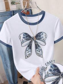 Camiseta de mujer de cuello redondo con estampado de lunares, rayas y corazones - Blanco 5 - Ver 6
