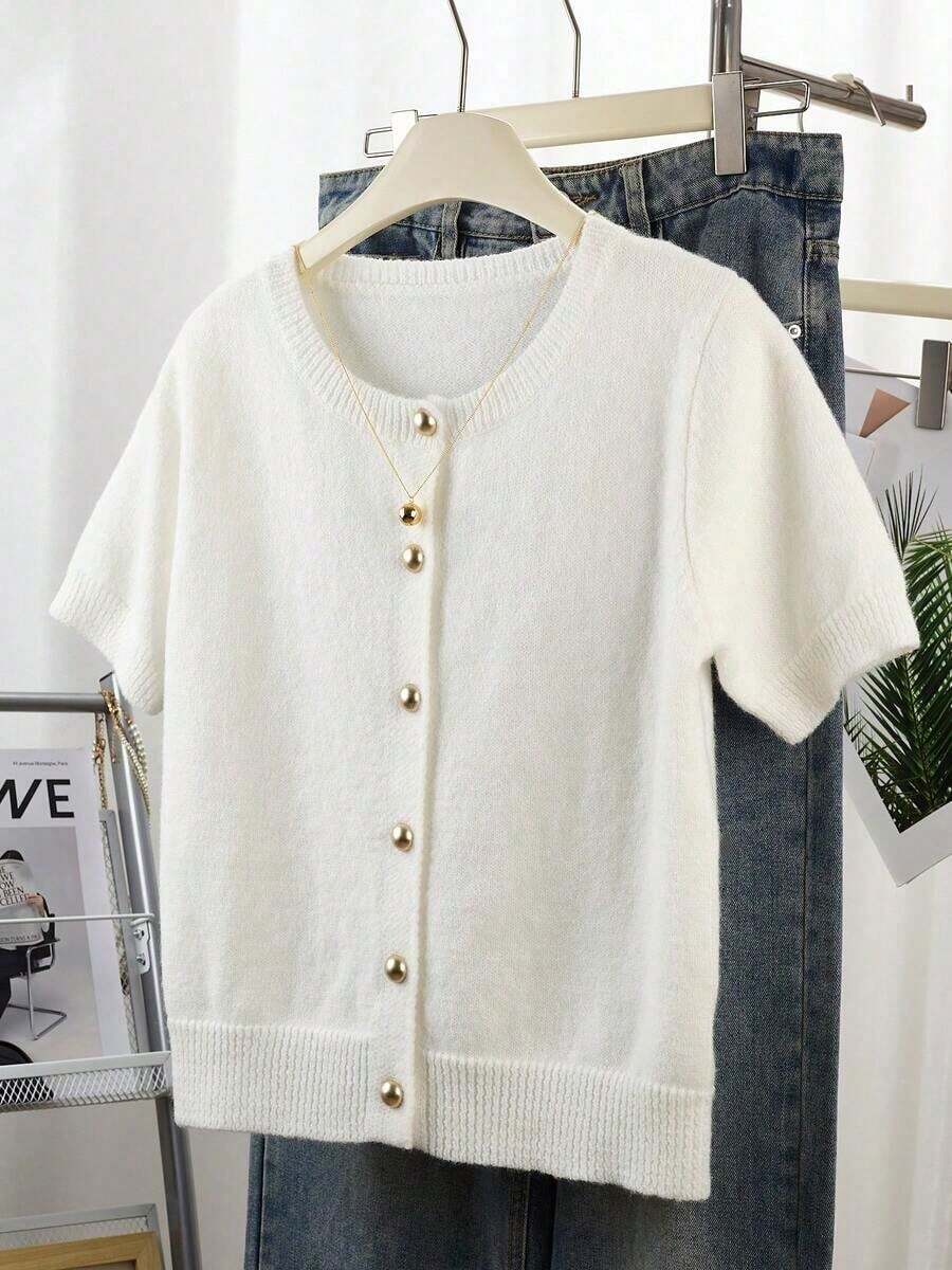 Cárdigan gris con botones para mujer - Cárdigan casual y de moda de manga corta, elástico, silueta en forma de H, adecuado para primavera y verano, diseño con detalle de punto acanalado, cierre con botones, tela transpirable, estilo cárdigan, artículo esencial de primavera/verano - Blanco - Ver 1