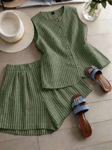 Conjunto de 2 piezas de mujer tejido a rayas de estilo elegante para el verano - Verde - Ver 8