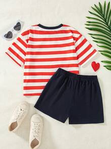 2pcs/Set Girls Casual Striped Print Decor Raglan Sleeve Top And Solid Color Shorts Set, Spring/Summer - Red - View 2