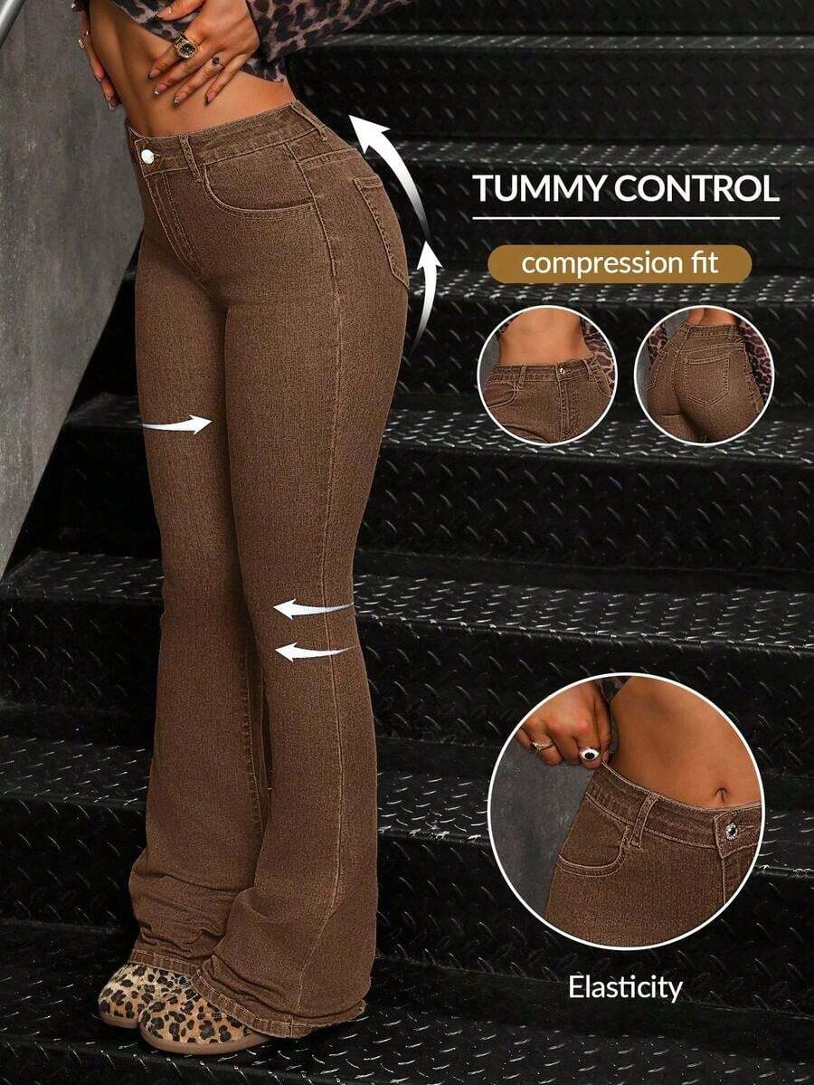 Women's Casual Pocketed Mid-Waist Skinny Flare Jeans - Caqui 2 - Ver 1