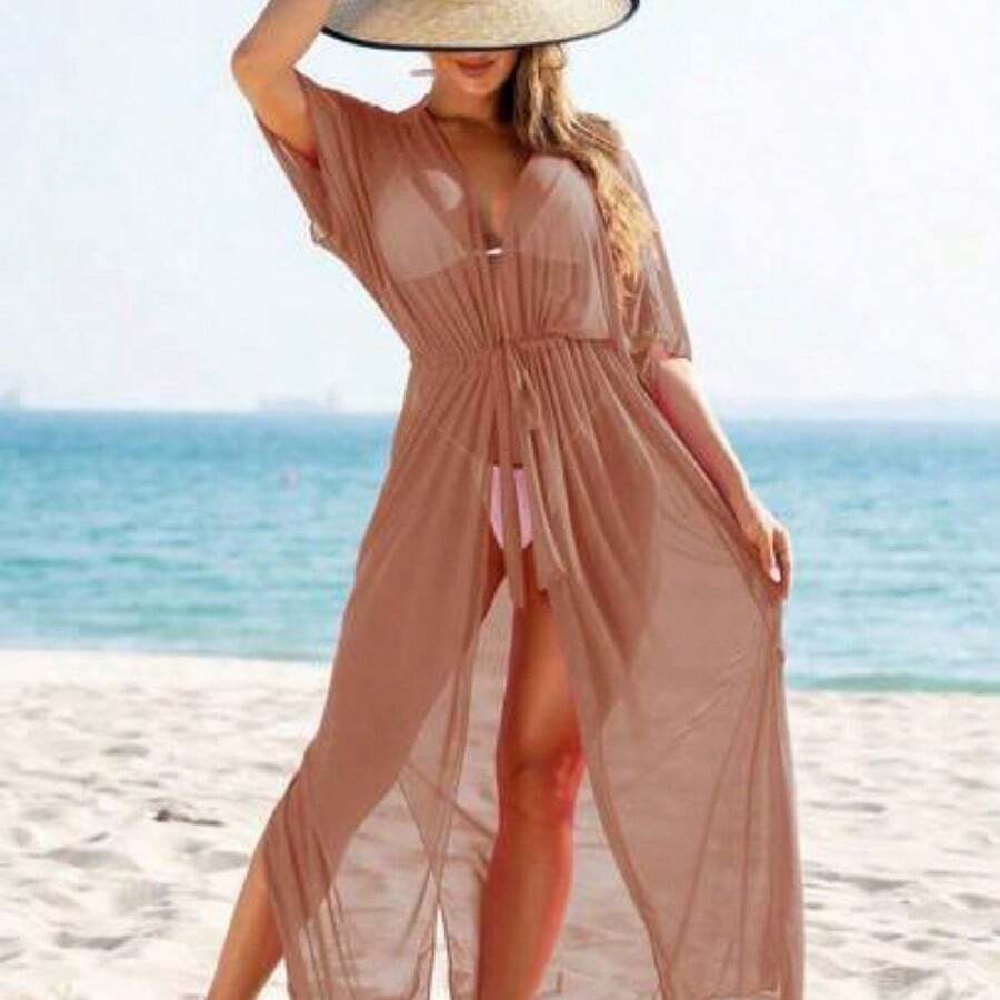 Swim Vcay Summer Beach Women's Netting Cover-Up With Waist Tie Valentine - Marrón - Ver 1