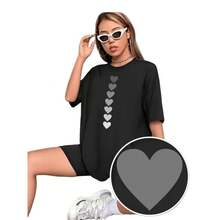 Sitio independiente de comercio exterior transfronterizo: Camiseta de algodón puro para mujer, de corte holgado, de longitud media, manga corta, con estampado de corazones en degradado, estilo europeo y americano. - Negro - Ver 5