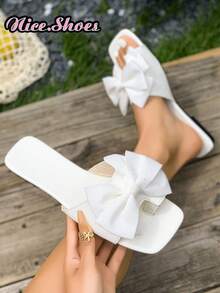 New Summer White Open Toe Bowknot Flat Sandals, Versatile For Street, Beach, And Casual Wear - White - View 1