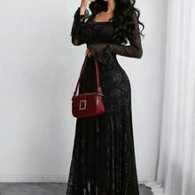 Women's Elegant French Romantic Sexy Square Neck Rose Lace Jacquard Vintage Double-Layer Ruffle Sleeve Asymmetrical Hem Dress, Suitable For Dates, Holidays And Daily Wear Spring - Negro - Ver 1
