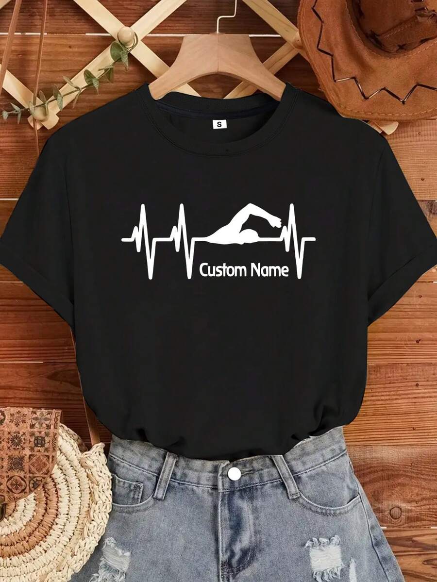 Camiseta manga corta cuello redondo 100% algodón, estampado trendy, tejido ligero y ventilado, estilo moda casual, apta para vida diaria, salidas informales y citas en primavera, verano y otoño - Negro - Ver 1