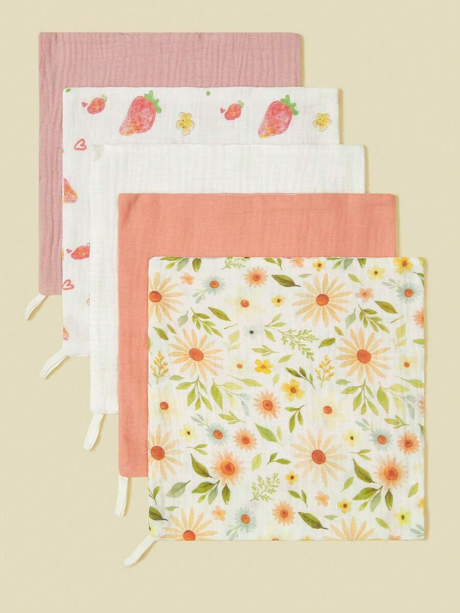 Bộ 5 chiếc yếm ăn cho bé bằng vải cotton mỏng in hình hoa và động vật hoạt hình, khăn ăn, khăn lau nước bọt. - Nhiều màu - Xem 1